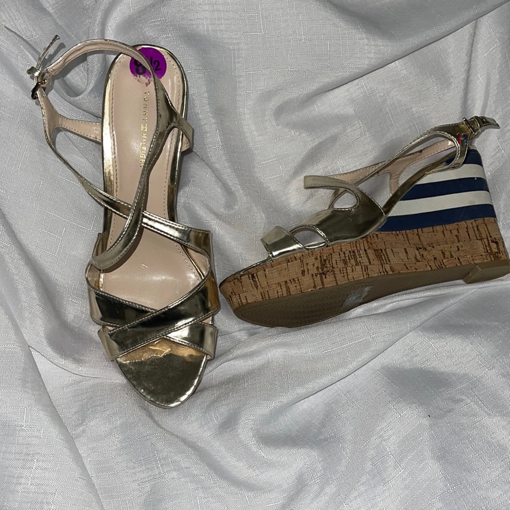 Tommy Hilfiger size 8.5 gold sandal with cork wedge with blue and white on wedge